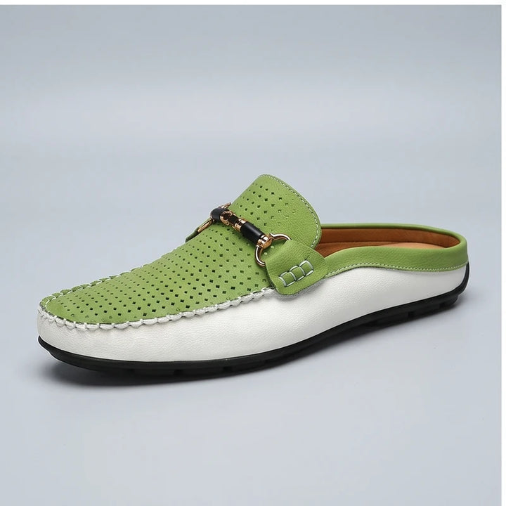 Green leather loafers in a studio background - 3