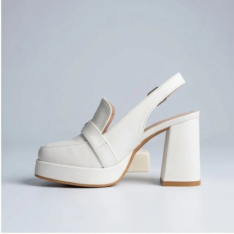 White leather Belinda platform slingback heels with a chunky block heel.