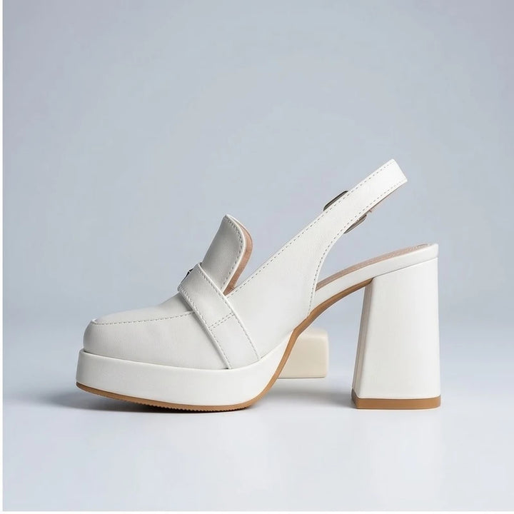White leather Belinda platform slingback heels with a chunky block heel.