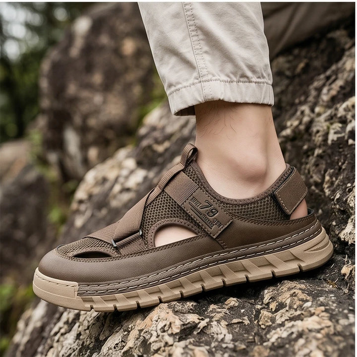 Model wearing Brown Ridgeway Mesh Sport Sandals outdoors - 3