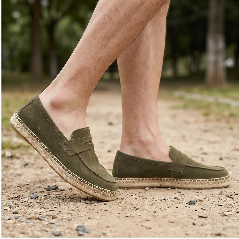 Model wearing Green Men's Jute Espadrilles Slip on Loafers Cow Suede Leather Casual Shoes outdoors - 2