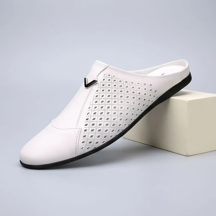 White Italian Mens Slippers Genuine Leather Muller Shoes Men Loafers Outdoor Non-slip Black Casual Half Slipper Men Fashion Shoes Man product photo