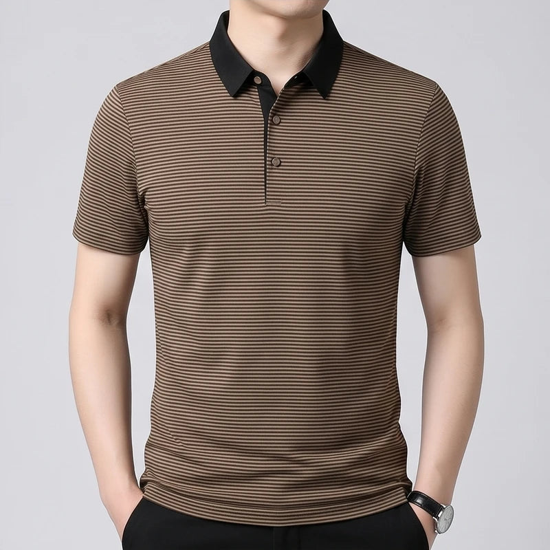 Model wearing Khaki Hollis Striped Polo in studio - 4
