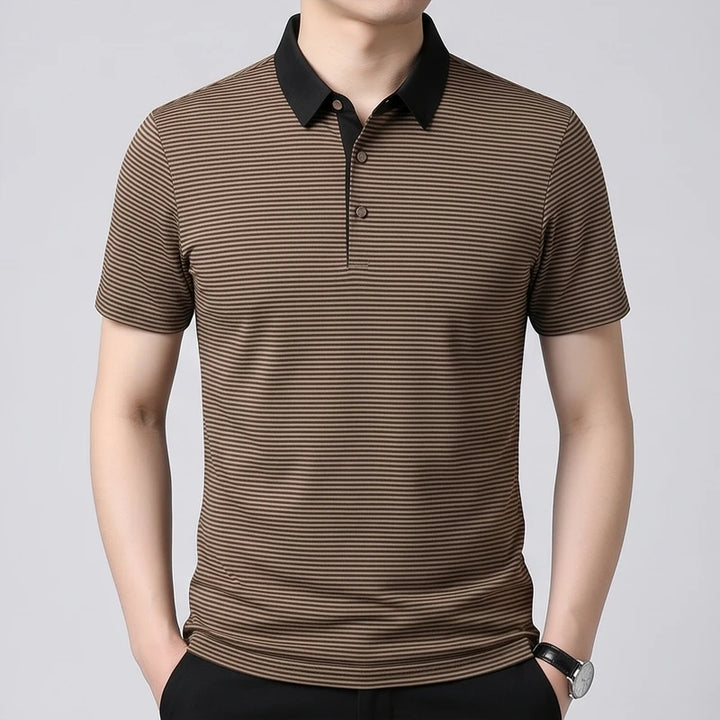 Model wearing Khaki Hollis Striped Polo in studio - 4