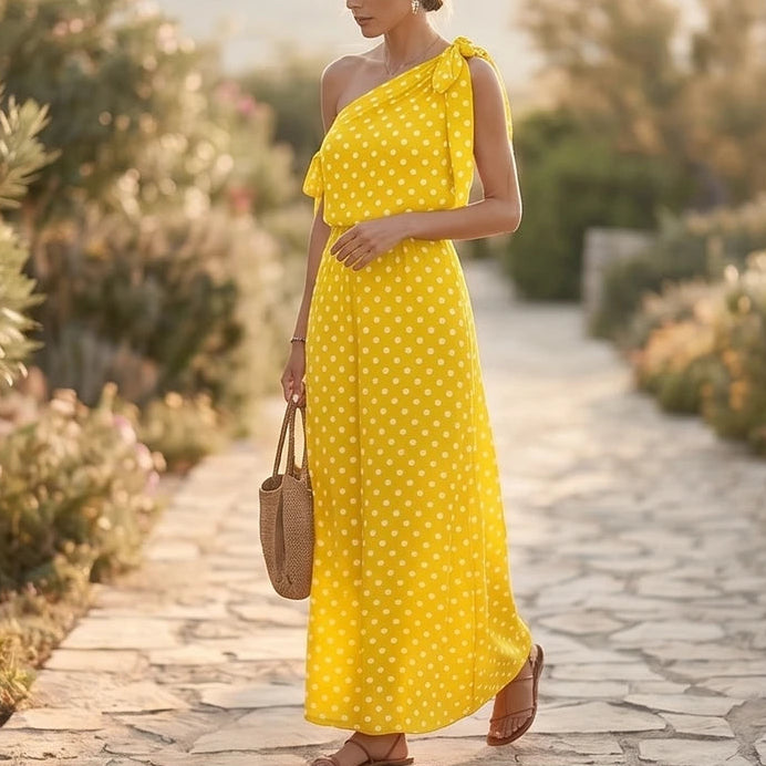 Model wearing Yellow Sexy Off Shulder Hight Waist Maxi Dress 2026 Fashion Bow Lace-Up Party Dress Elegant Polka Dot Print Sleeveless Long Dress outdoors - 2
