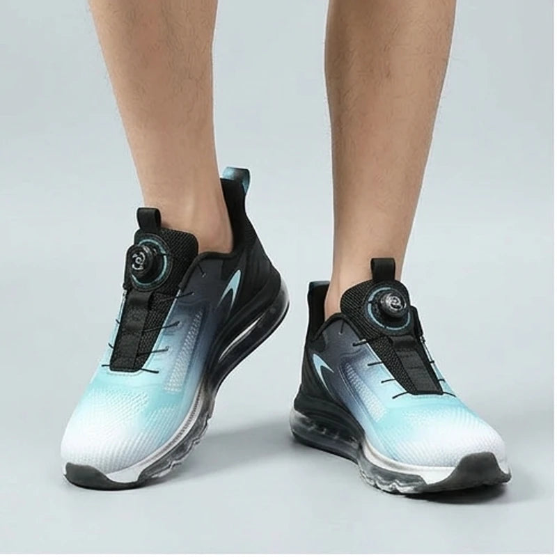 Model wearing Black Helix Dial Adjustable Running Sneakers in studio