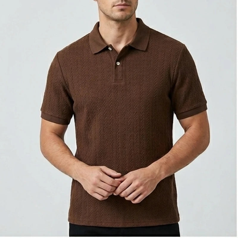 Model wearing Brown Ashby Textured Knit Polo Shirt in studio