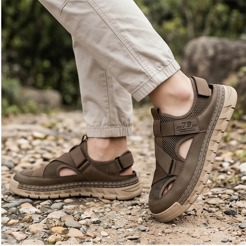 Model wearing Brown Ridgeway Mesh Sport Sandals outdoors - 2