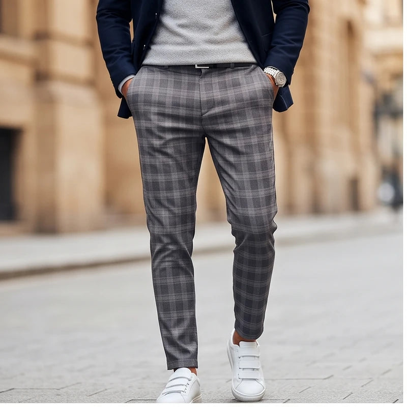 Model wearing Gray trousers outdoors