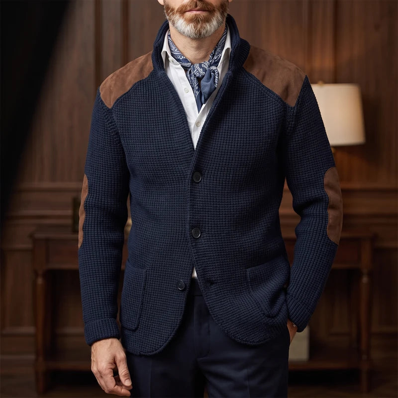 Navy Blue knit cardigan in a dark wood interior