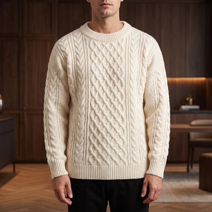 Apricot knitted sweater in a dark wood interior