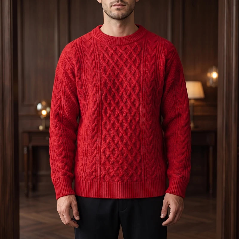Red knitted sweater in a dark wood interior