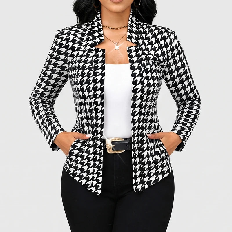 Brown blazer on an off-gray studio background
