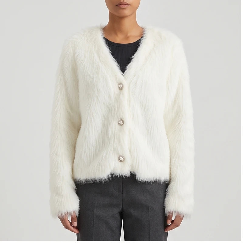 Model wearing white thicken knitted cardigan in a studio