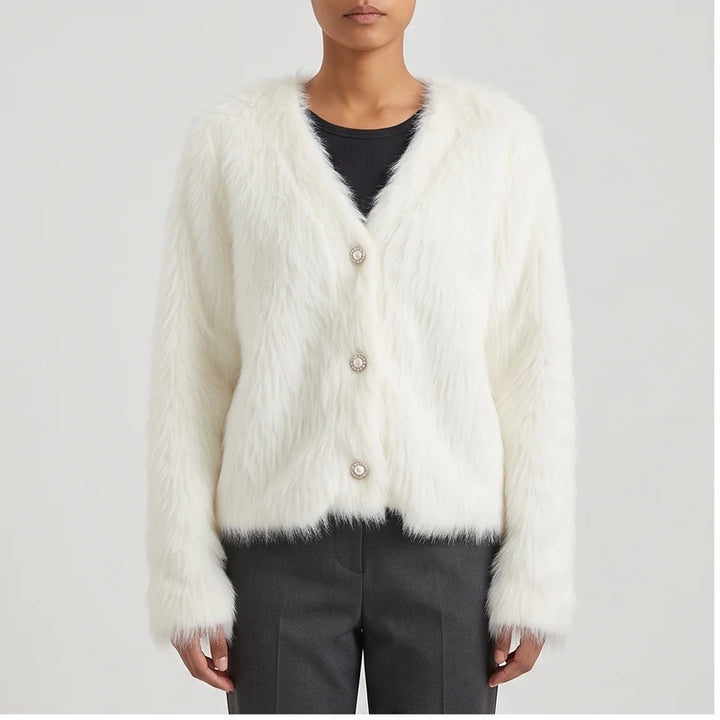 Model wearing white thicken knitted cardigan in a studio