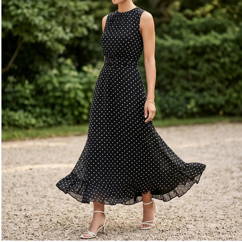 Model wearing Black Sleeveless Polka Dot Chiffon Maxi Dress with Ruffle Hem and Flowing A Line Silhouette for Summer Parties outdoors - 2