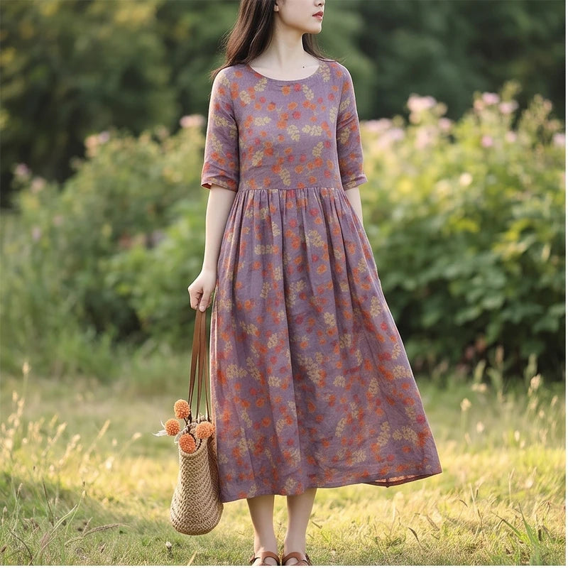 Model wearing picture color cotton dress outdoors