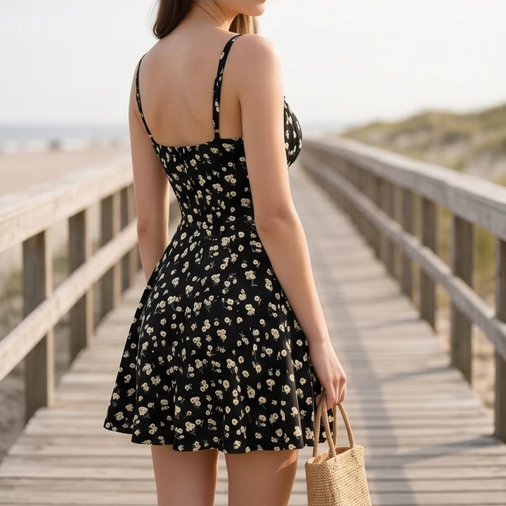 Model wearing Black Wren Floral Cami Mini Sundress outdoors - 3