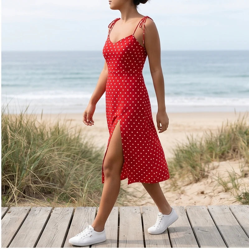 Model wearing Red Cortez Polka Dot Midi Dress outdoors - 2