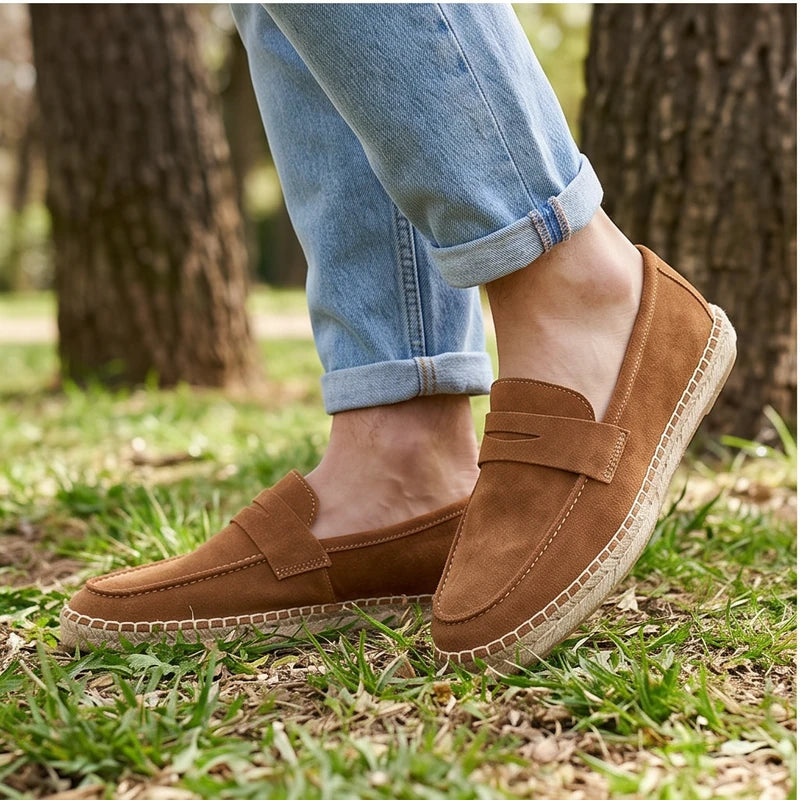 Model wearing Brown Men's Jute Espadrilles Slip on Loafers Cow Suede Leather Casual Shoes outdoors - 3