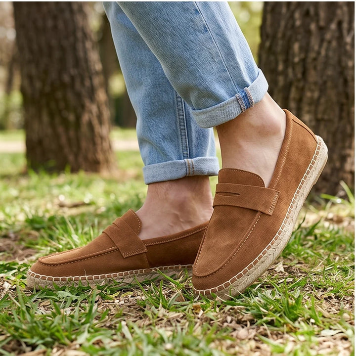 Model wearing Brown Men's Jute Espadrilles Slip on Loafers Cow Suede Leather Casual Shoes outdoors - 3