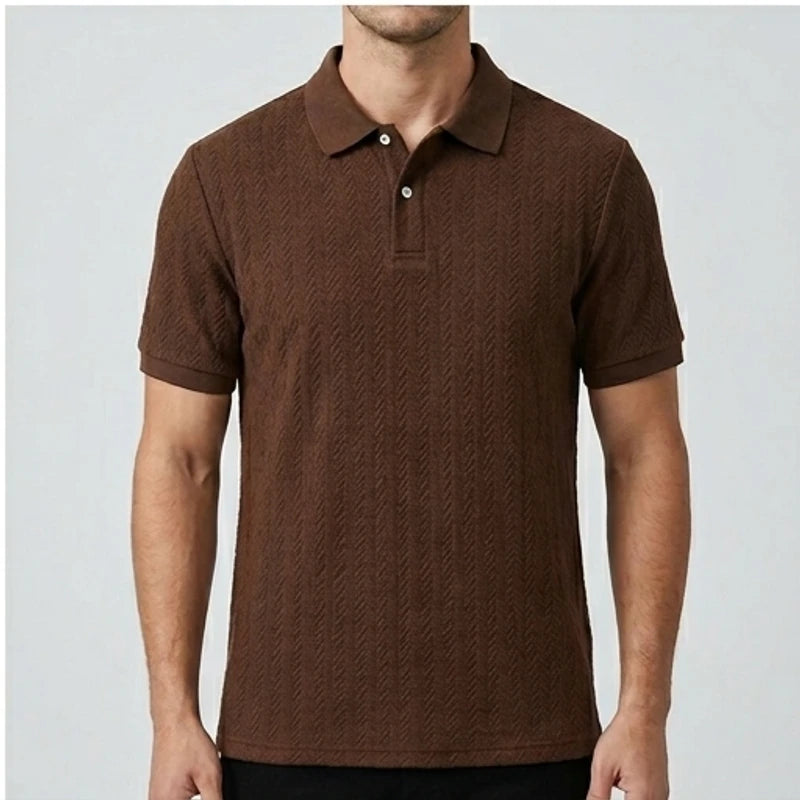 Model wearing Brown Ashby Textured Knit Polo Shirt in studio - 3