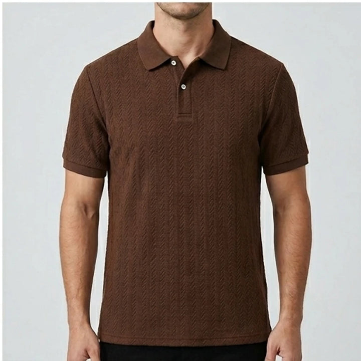 Model wearing Brown Ashby Textured Knit Polo Shirt in studio - 3