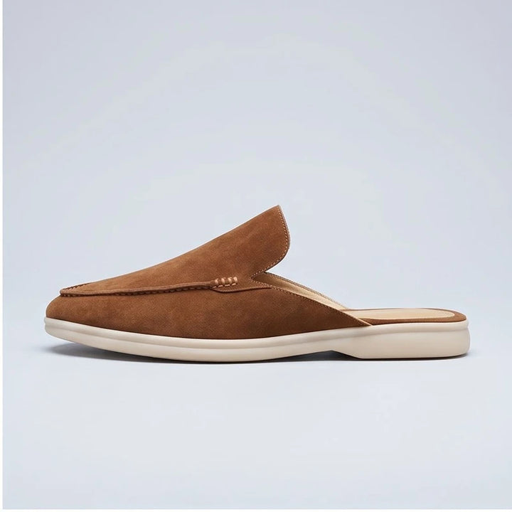 Camel suede mules in a studio background - 2