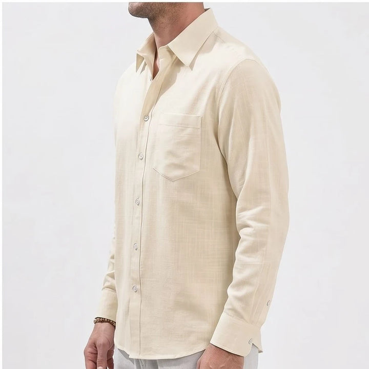 Men's cream linen button-up shirt with chest pocket.