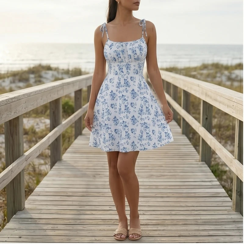 Model wearing Blue Evelyn Floral Mini Dress outdoors