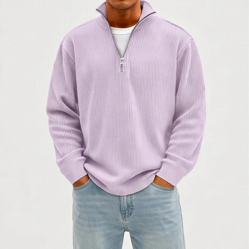 Model wearing Purple corduroy pullover in a studio