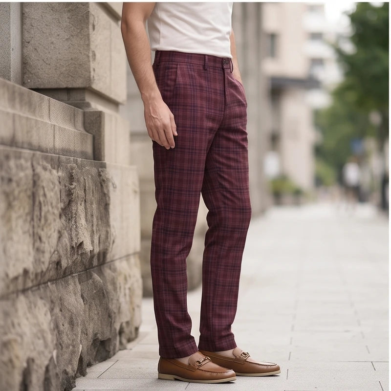 Model wearing Burgundy pants outdoors - 2