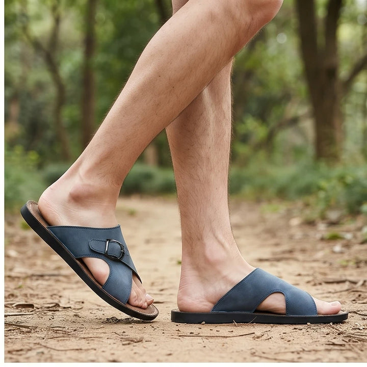 Model wearing Black leather sandals outdoors - 2