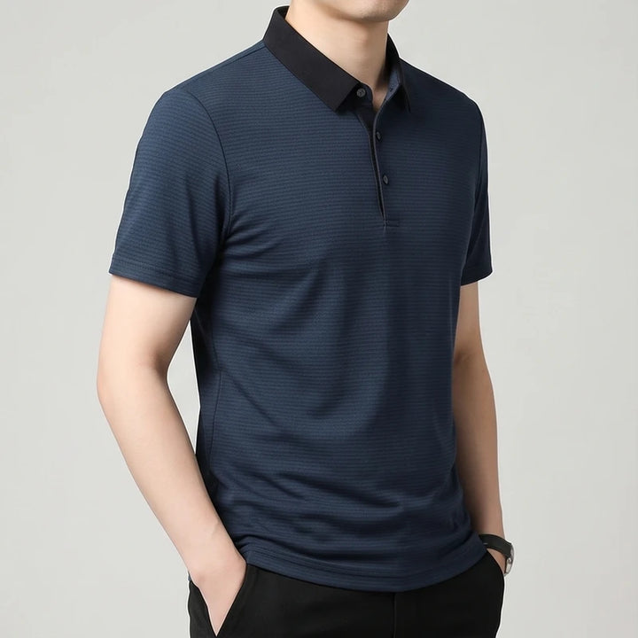 Model wearing Navy Hollis Striped Polo in studio - 3