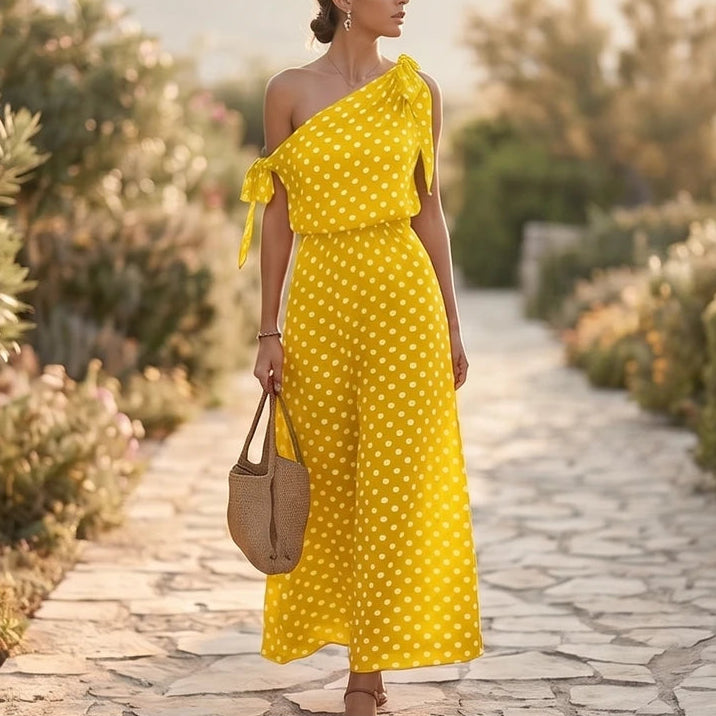 Model wearing Yellow Sexy Off Shulder Hight Waist Maxi Dress 2026 Fashion Bow Lace-Up Party Dress Elegant Polka Dot Print Sleeveless Long Dress outdoors