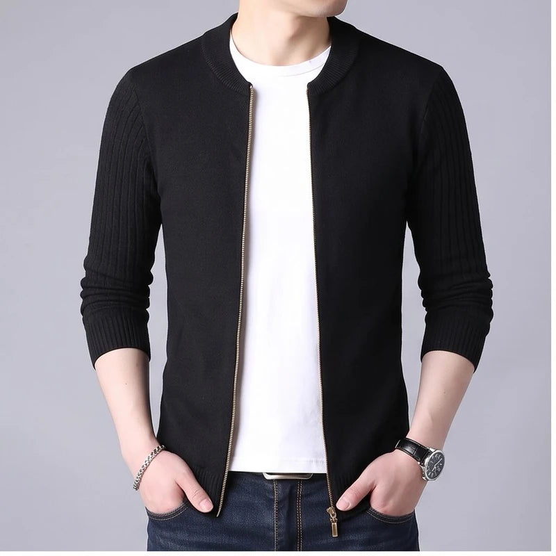 Model wearing Black knit cardigan in a studio
