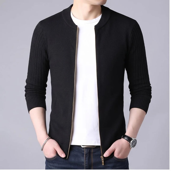 Model wearing Black knit cardigan in a studio