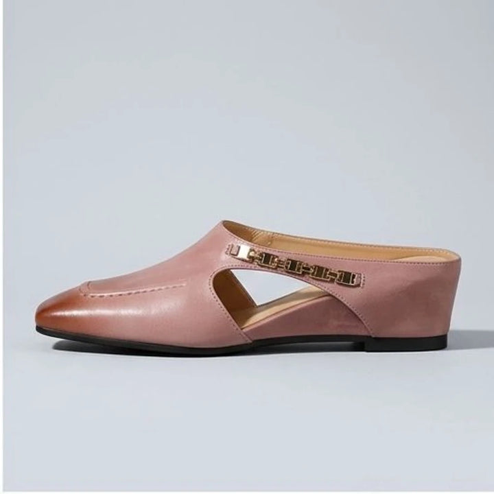 Marcella rose leather mules with gold chain accent and square toe.