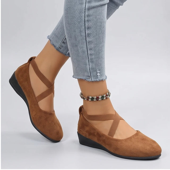 Model wearing Brown Selene Ballet Criss-Cross Flats in studio - 2