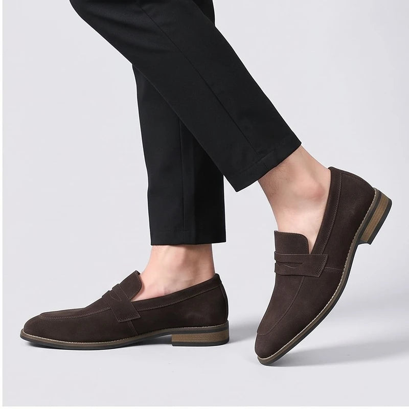 Model wearing Brown suede loafers in a studio - 2