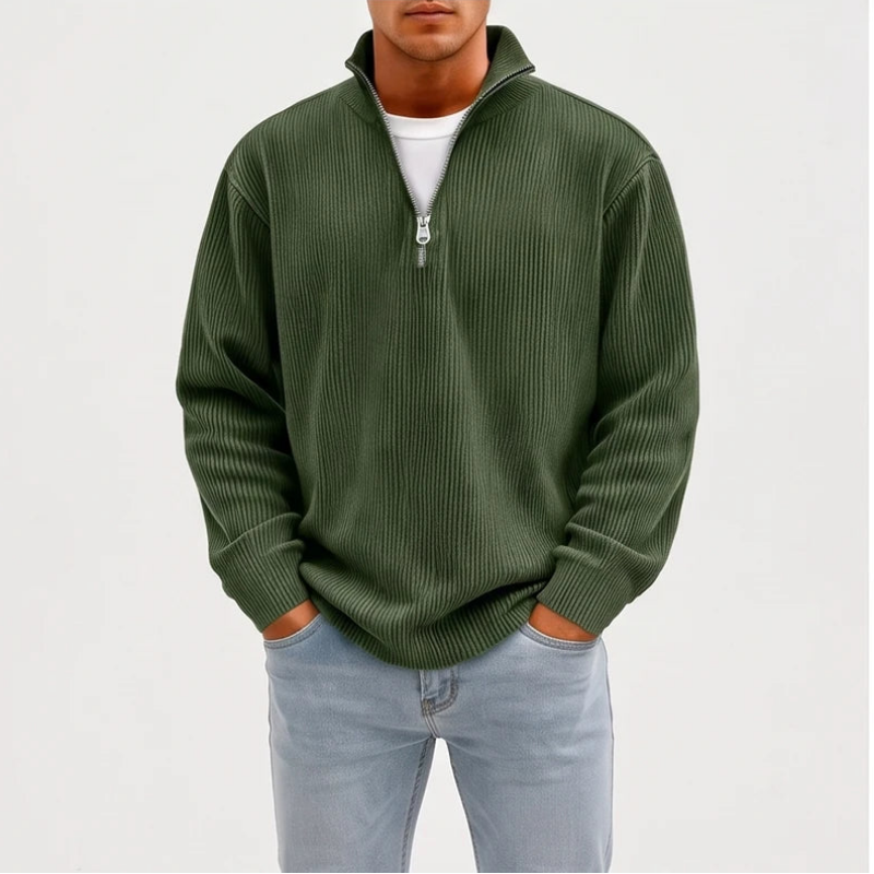 Model wearing Dark Green corduroy pullover in a studio - 2