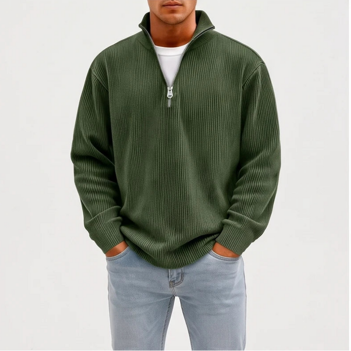 Model wearing Dark Green corduroy pullover in a studio - 2
