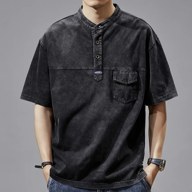 Model wearing Black Renn Faded Mandarin Collar Shirt in studio