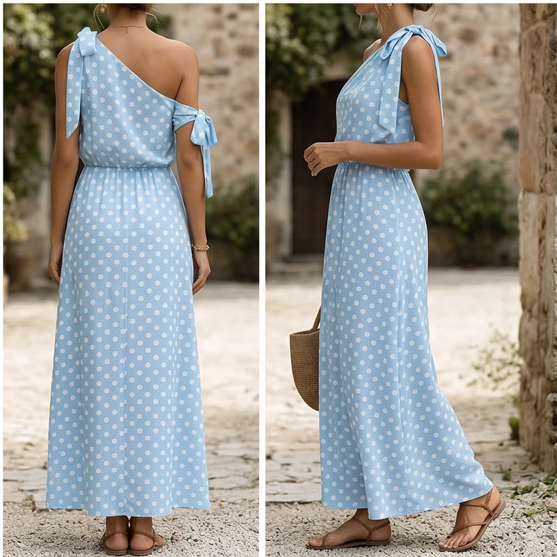 Model wearing Blue Sexy Off Shulder Hight Waist Maxi Dress 2026 Fashion Bow Lace-Up Party Dress Elegant Polka Dot Print Sleeveless Long Dress outdoors - 3