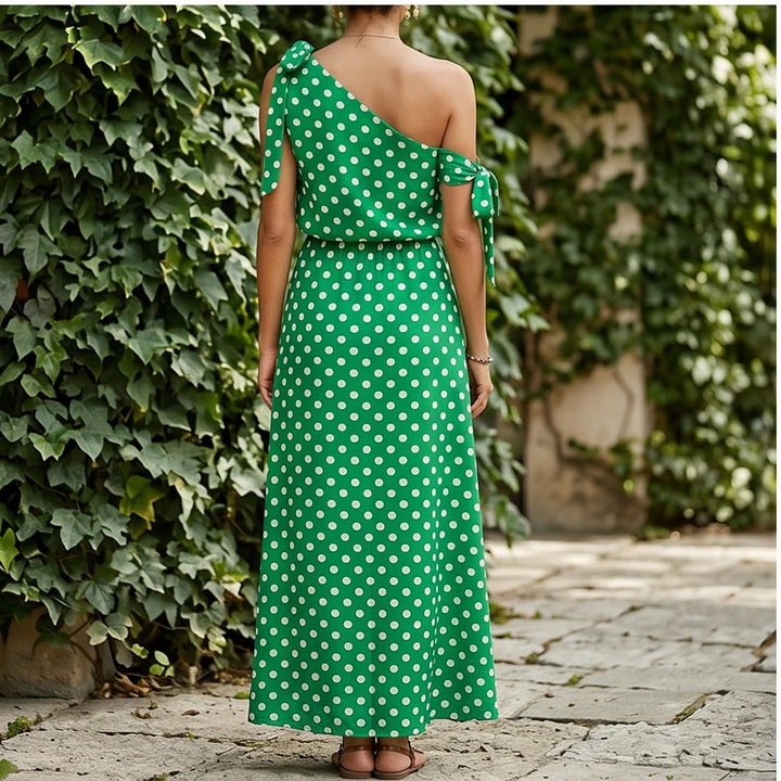 Model wearing Green Sexy Off Shulder Hight Waist Maxi Dress 2026 Fashion Bow Lace-Up Party Dress Elegant Polka Dot Print Sleeveless Long Dress outdoors - 3
