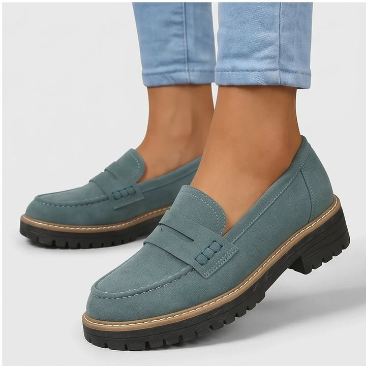 Model wearing Green Brynn Suede Penny Loafers  [needs new images] in studio - 3