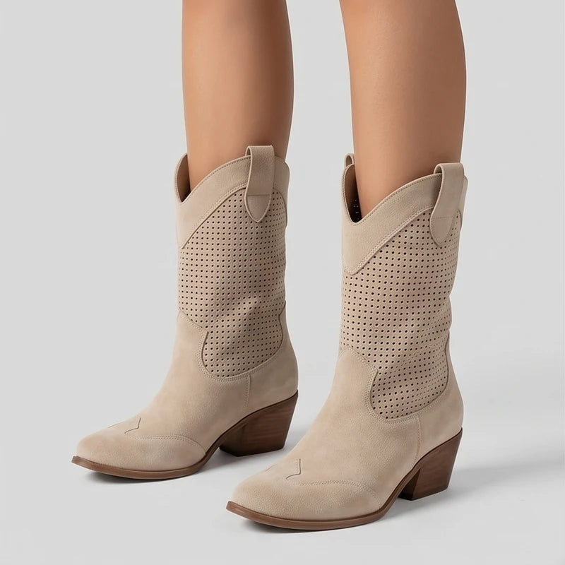 Model wearing Beige Gideon Suede Western Ankle Boots in studio