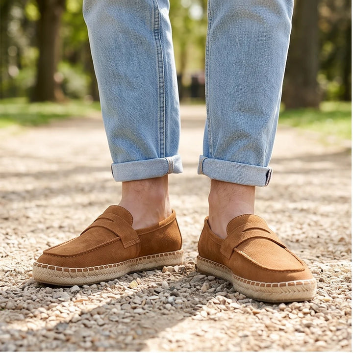 Model wearing Brown Men's Jute Espadrilles Slip on Loafers Cow Suede Leather Casual Shoes outdoors