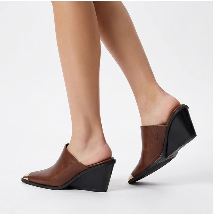 Model wearing Brown Bardot Genuine Leather Square Toe Mules in studio - 3