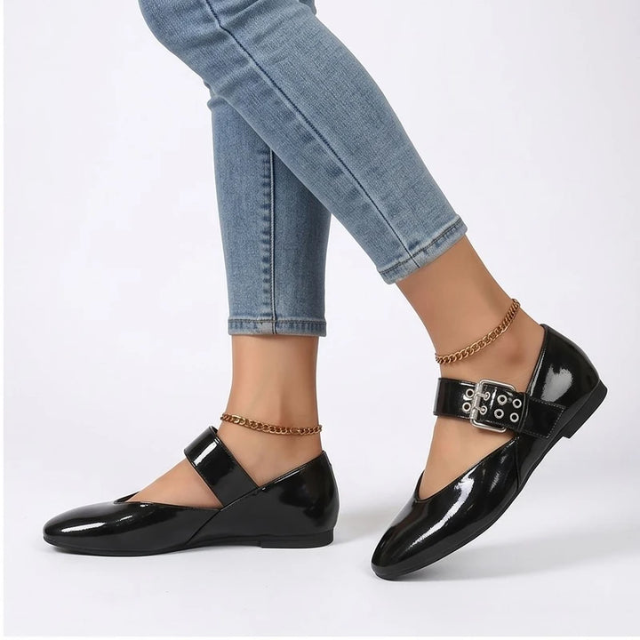 Model wearing Black Larkin Buckle Mary Jane Flats in studio - 2